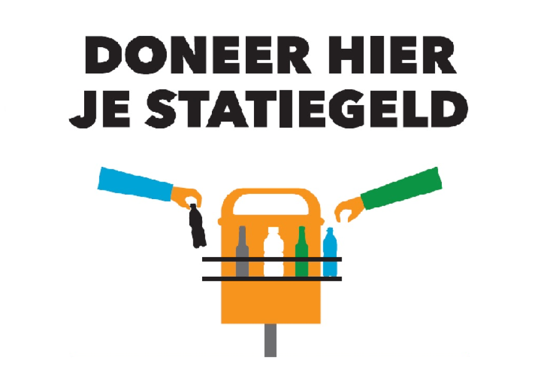 Graphic van een prullenbak met een doneerring met de tekst 'Doneer hier je statiegeld'..