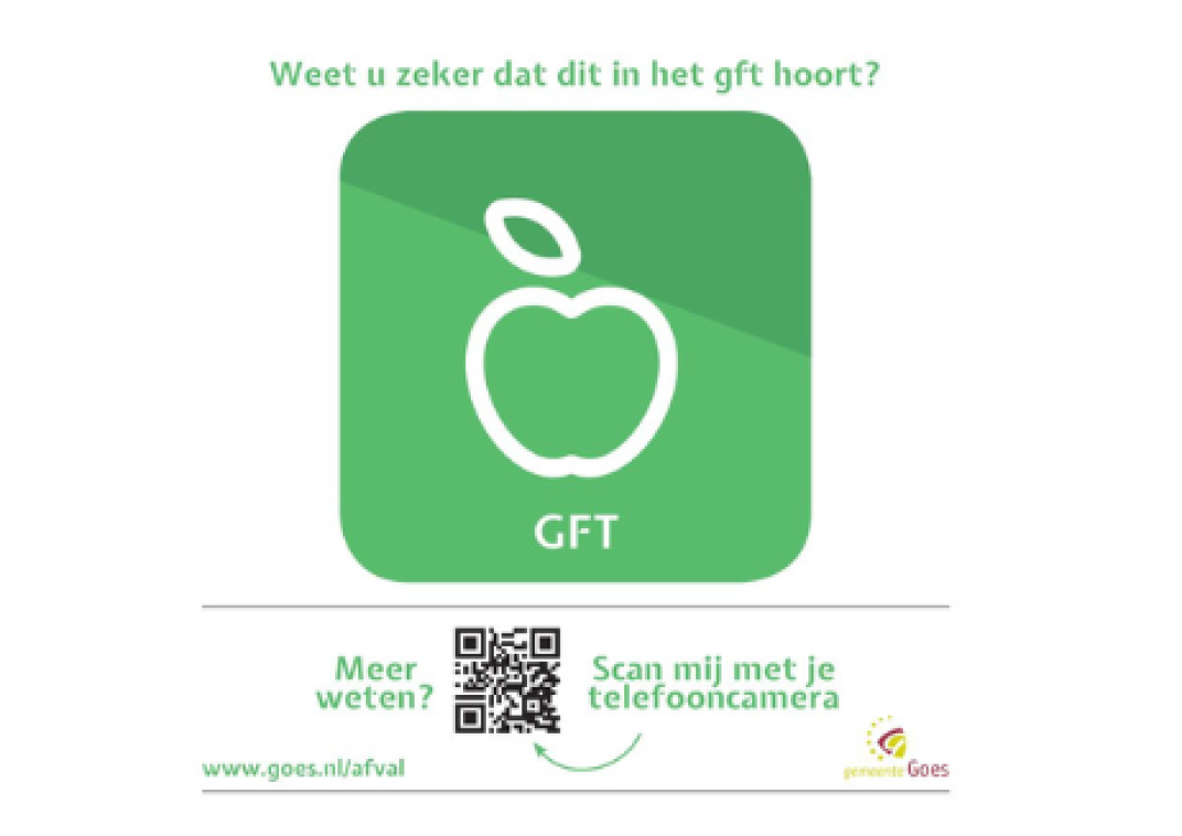 Op deze afbeelding staat het logo voor gft en een QR-code naar de website van gemeente Goes.