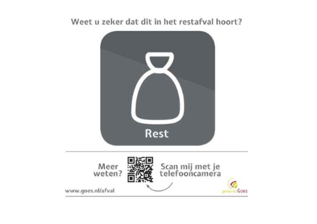 Op deze afbeelding staat het logo voor restafval en een QR-code naar de website van gemeente Goes.