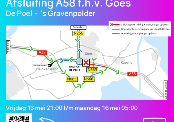 Kaartje met wegafsluiting tussen De Poel en 's-Gravenpolder