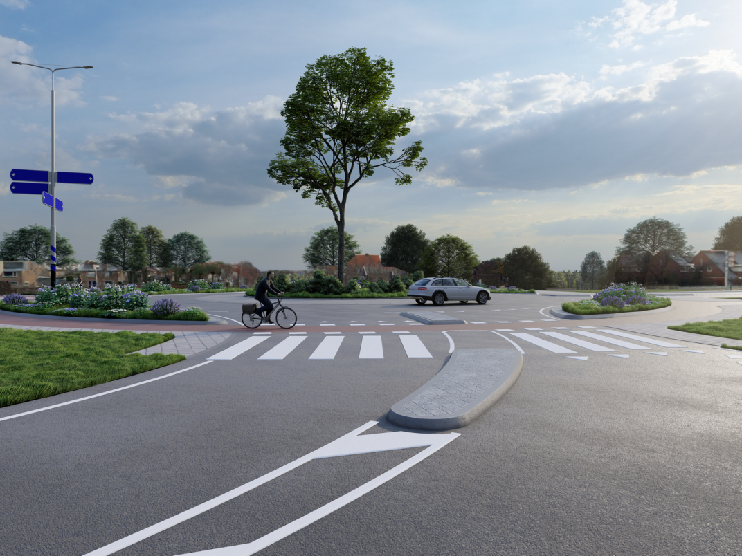 Auto's rijdend over een rotonde. In het midden staat een boom
