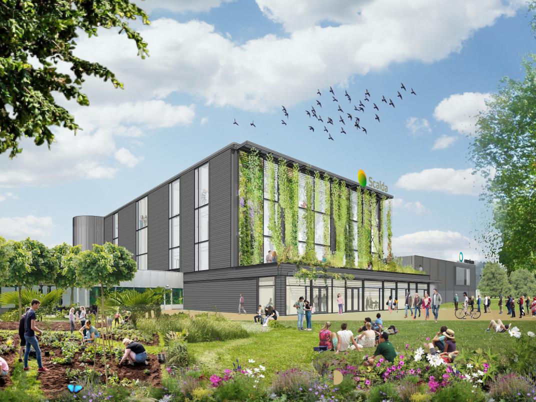 Tekening van hoe het nieuwe schoolgebouw van Scalda in het Omnium er uit komt te zien